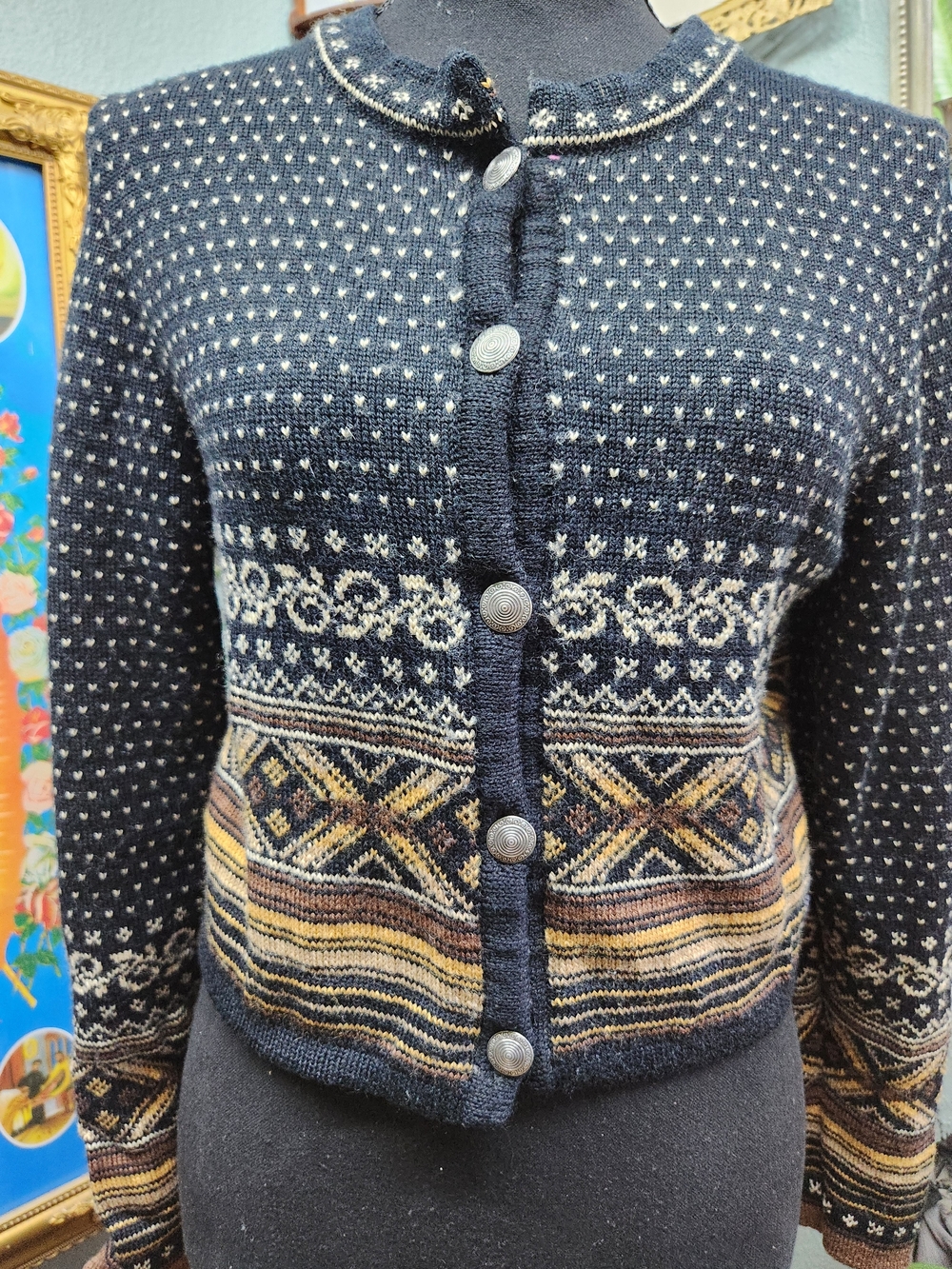 Dale of Norway Navy Wool Knit Cropped Cardigan with Cream and Tan Patterning